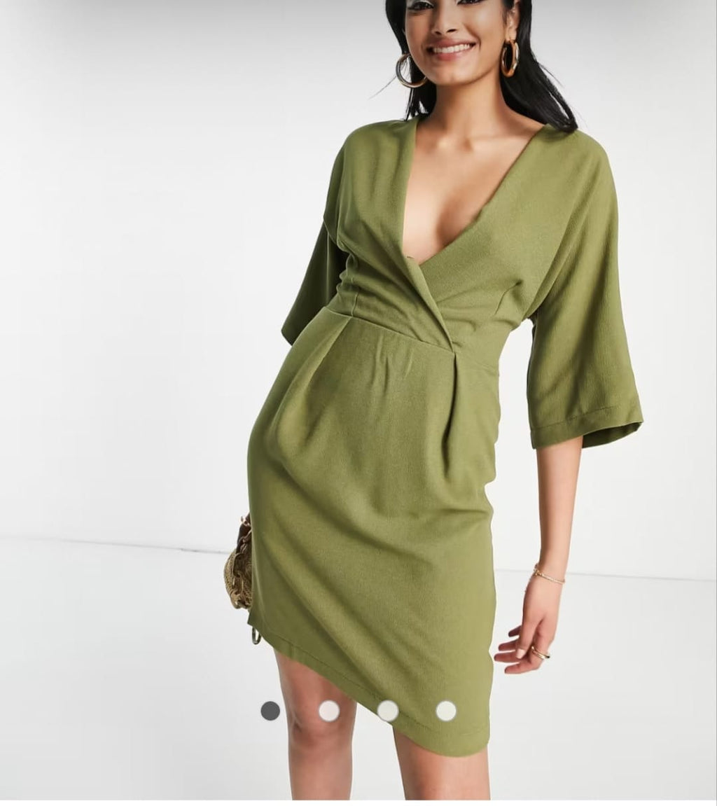 Olive green kimono wrap mini dress - front three-quarter view