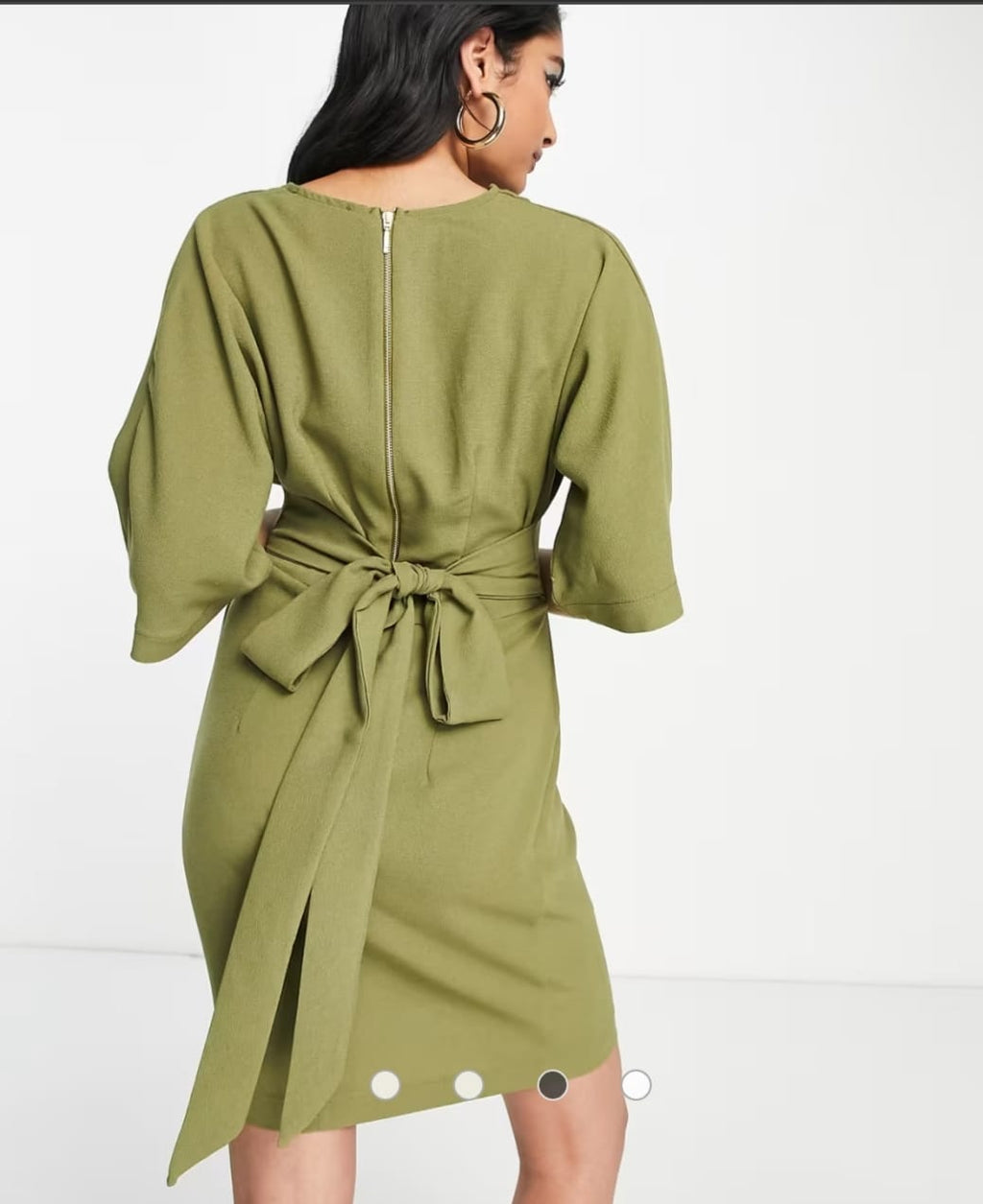Olive green kimono wrap mini dress - back view with tie belt