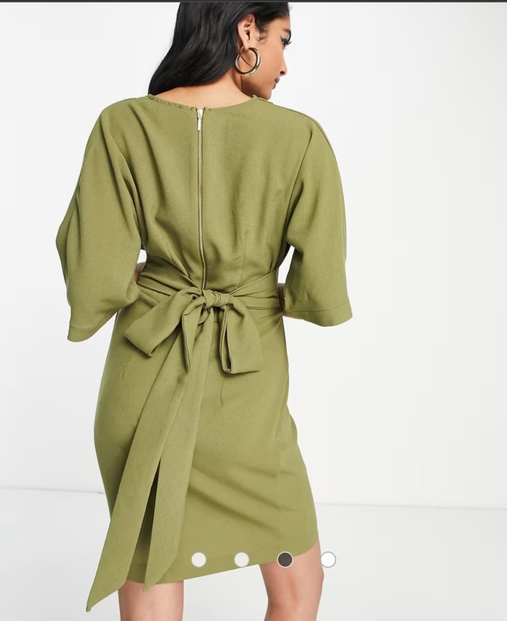 Olive green kimono wrap mini dress - back view with tie belt