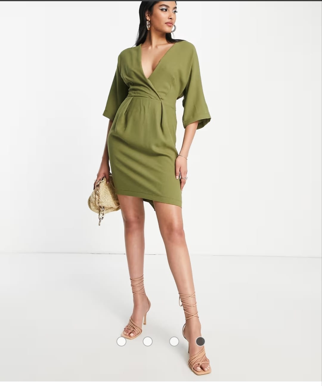 Olive green kimono wrap mini dress - full length front