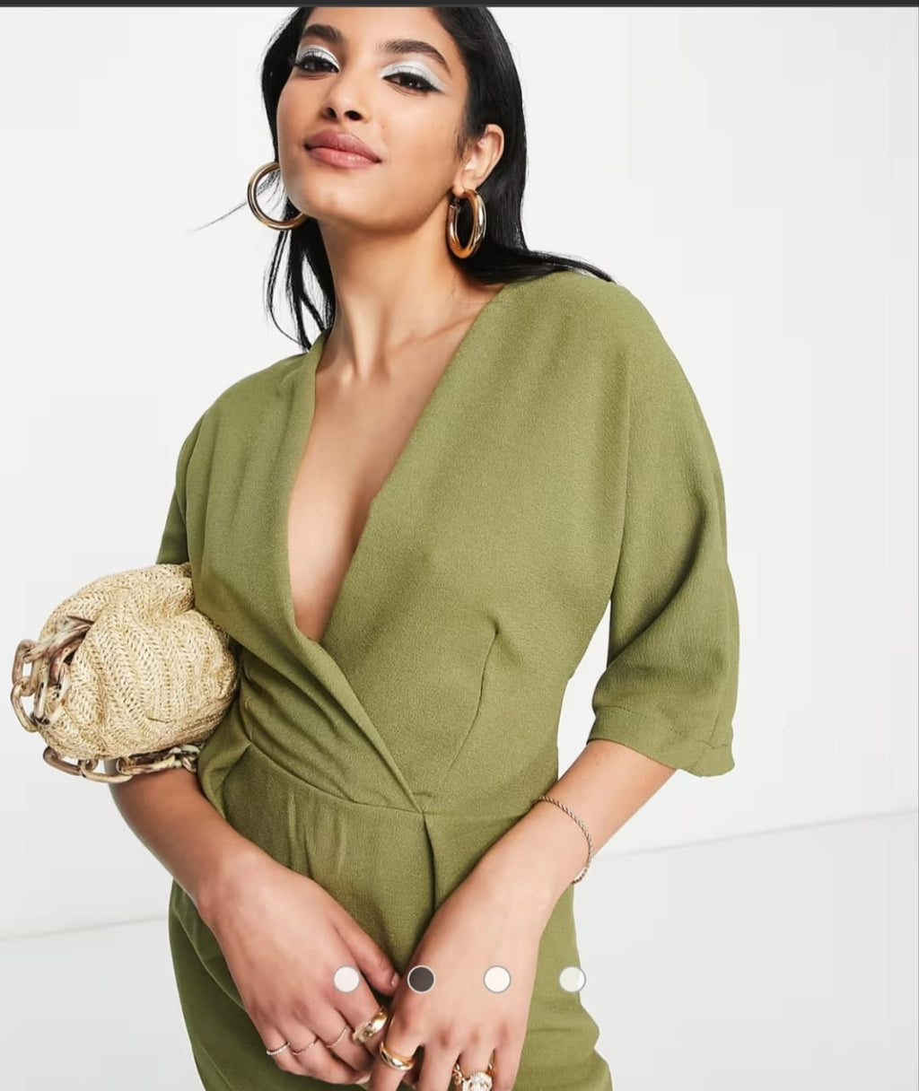 Olive green kimono wrap mini dress - front close-up