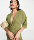 Olive green kimono wrap mini dress - front close-up