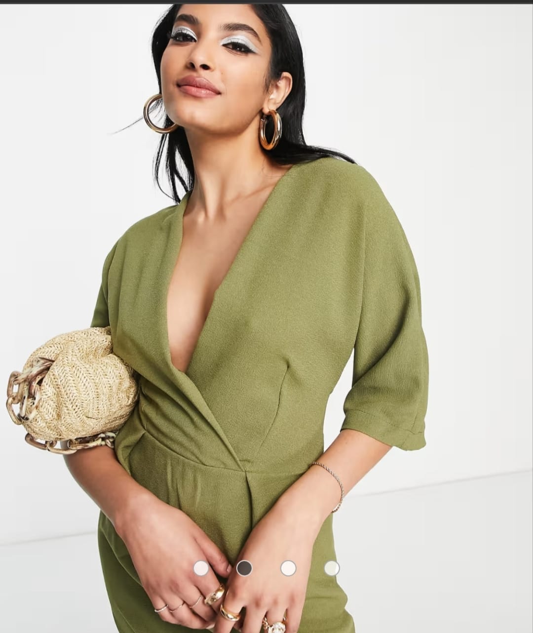 Olive green kimono wrap mini dress - front close-up
