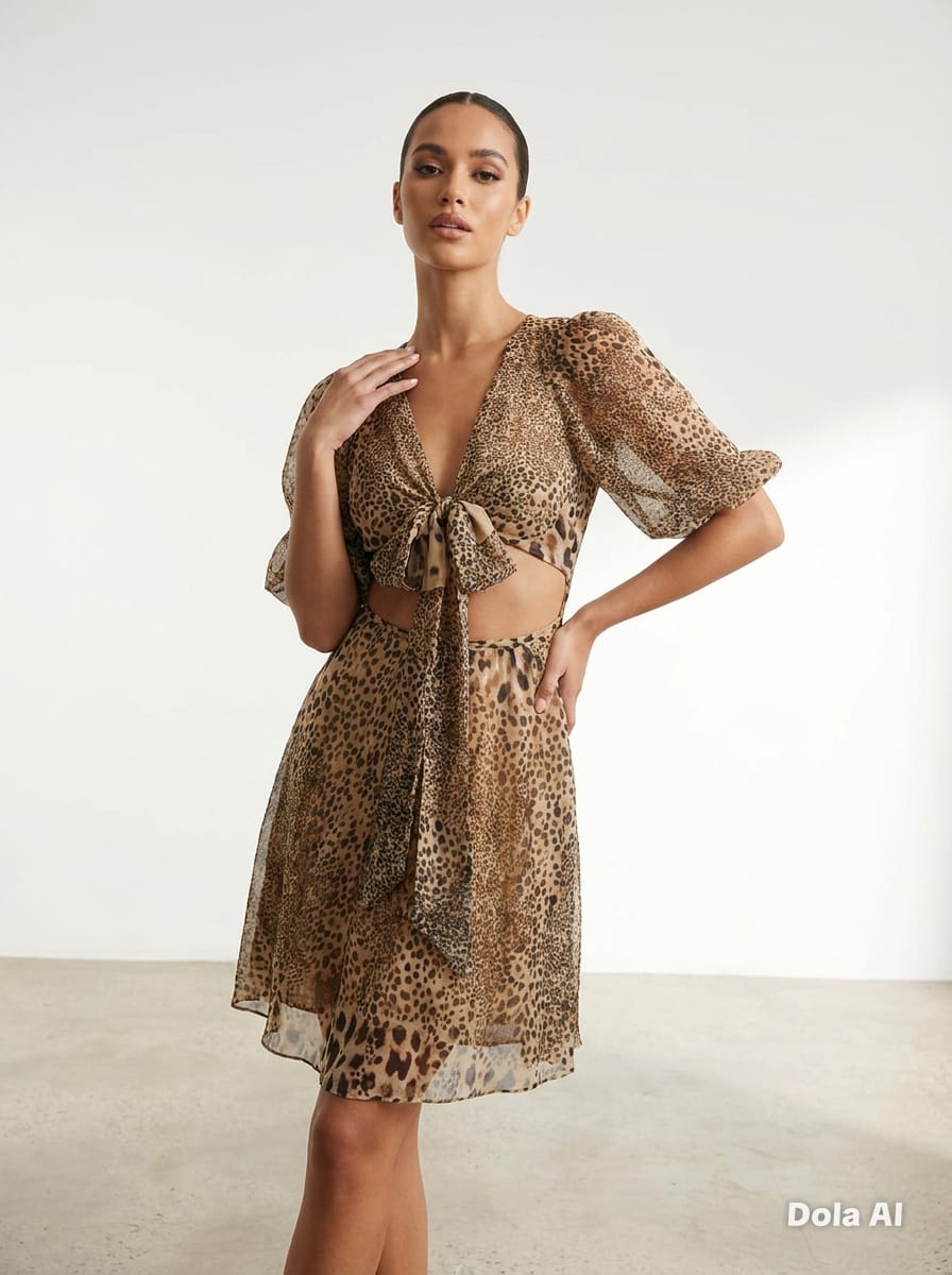 Leopard Print Tie-Front Cut-Out Puff Sleeve Mini Dress - front view