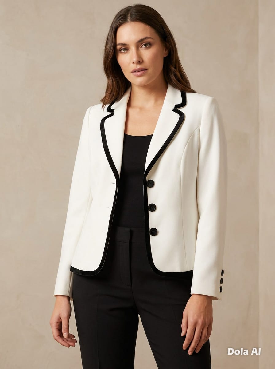 Ivory Black Contrast Trim Fitted Blazer - lapel and button detail close up