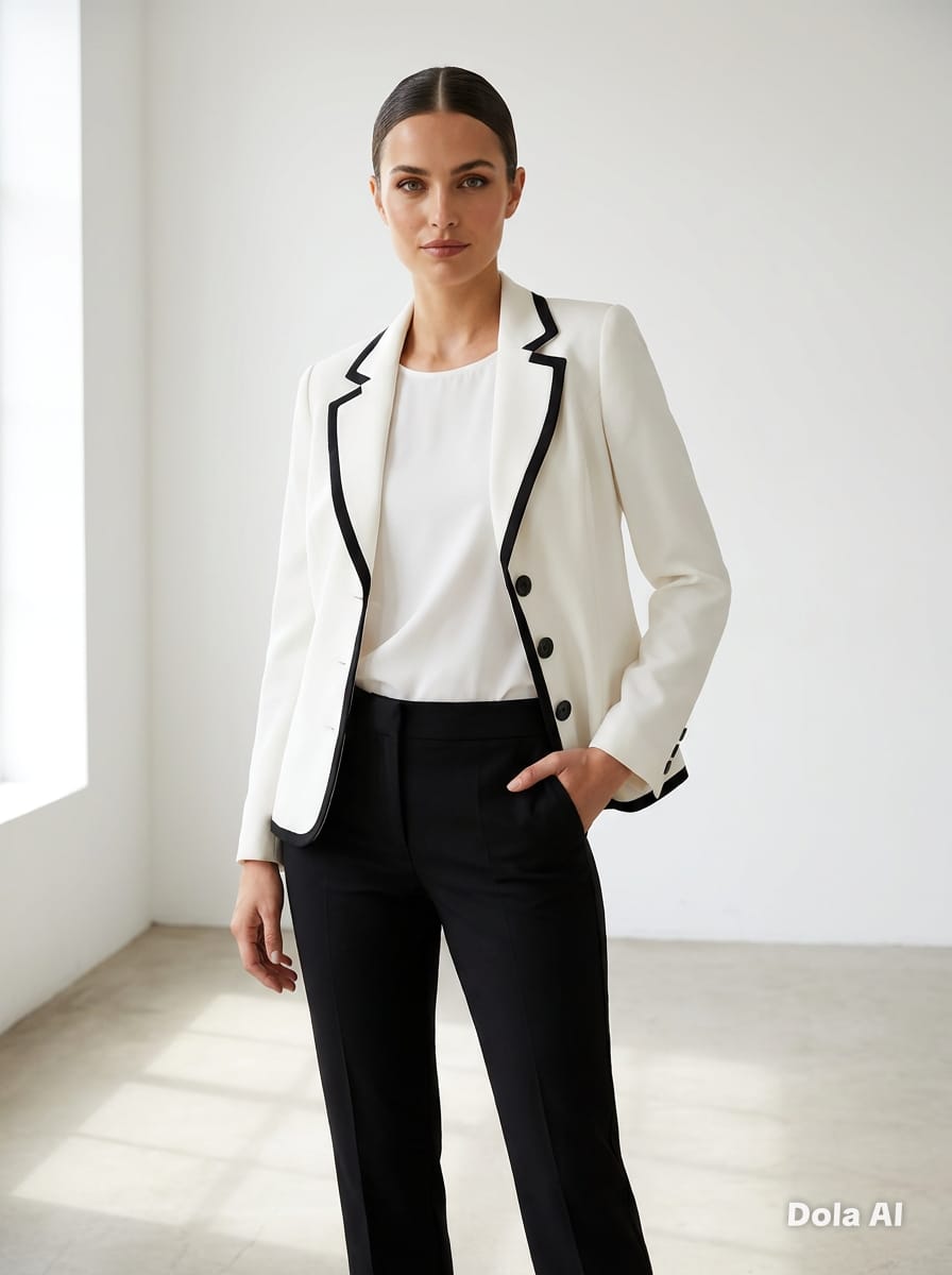 Ivory Black Contrast Trim Fitted Blazer - front view