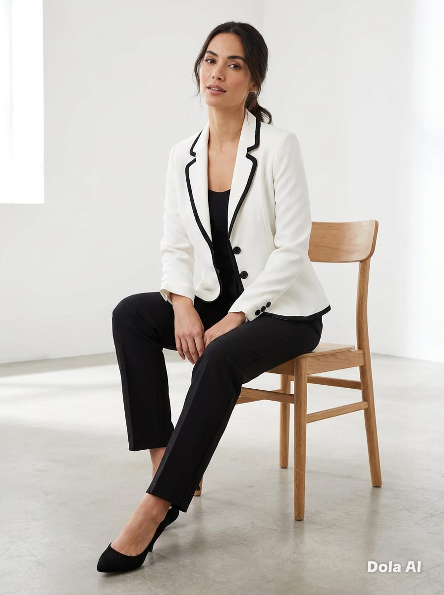 Ivory Black Contrast Trim Fitted Blazer - three quarter view