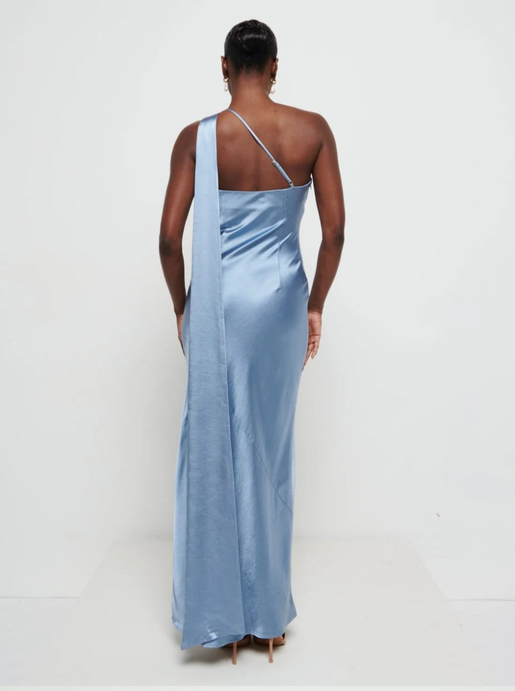 Steel blue satin one-shoulder maxi dress - back view with chain detail