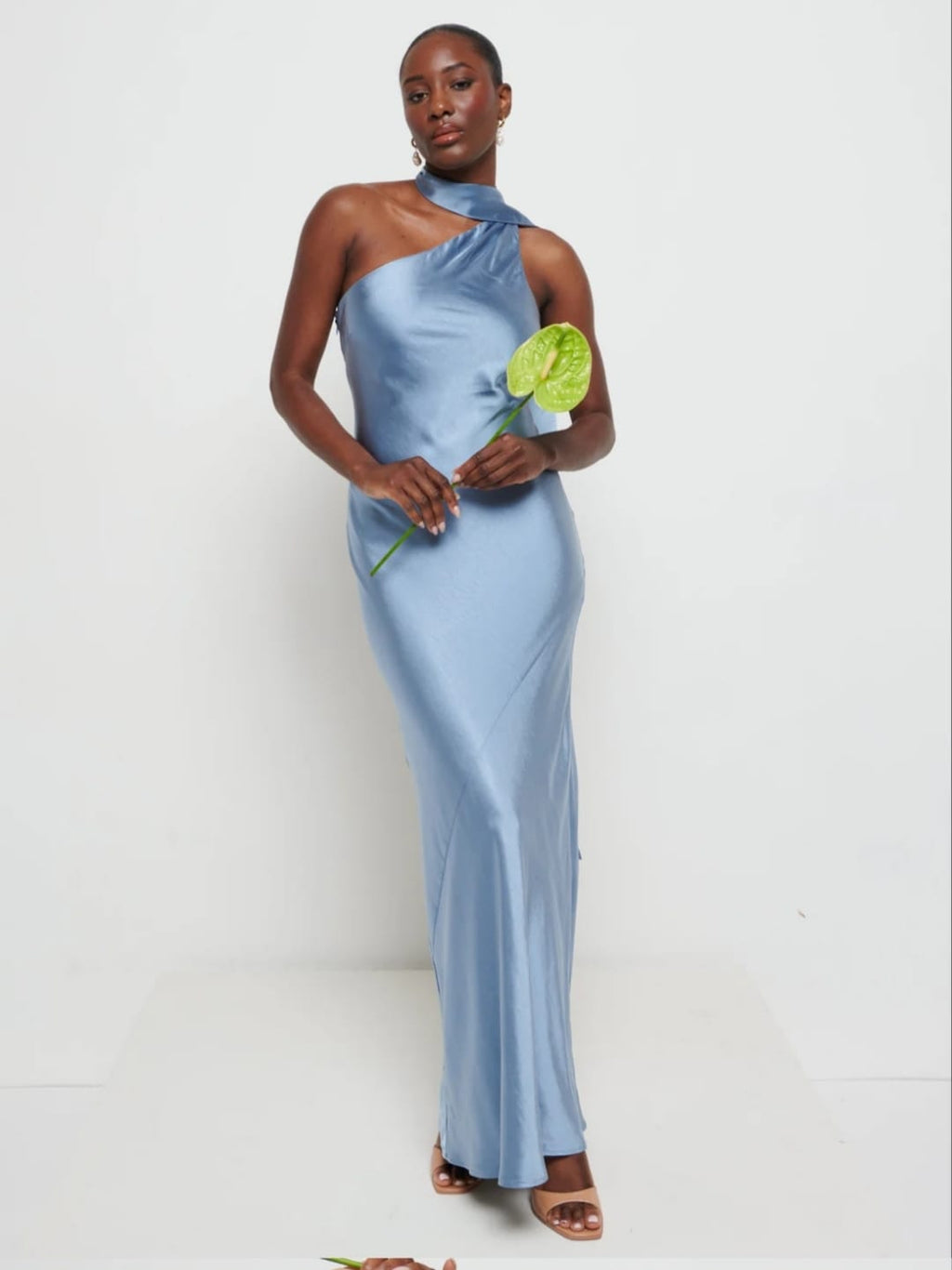 Steel blue satin one-shoulder maxi dress - three-quarter front view