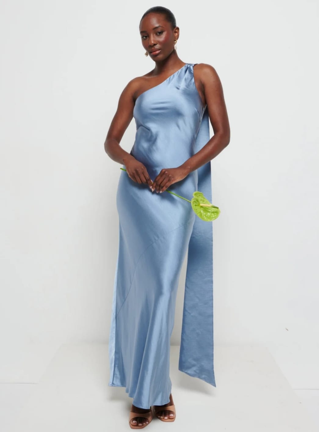 Steel blue satin one-shoulder maxi dress - full length front