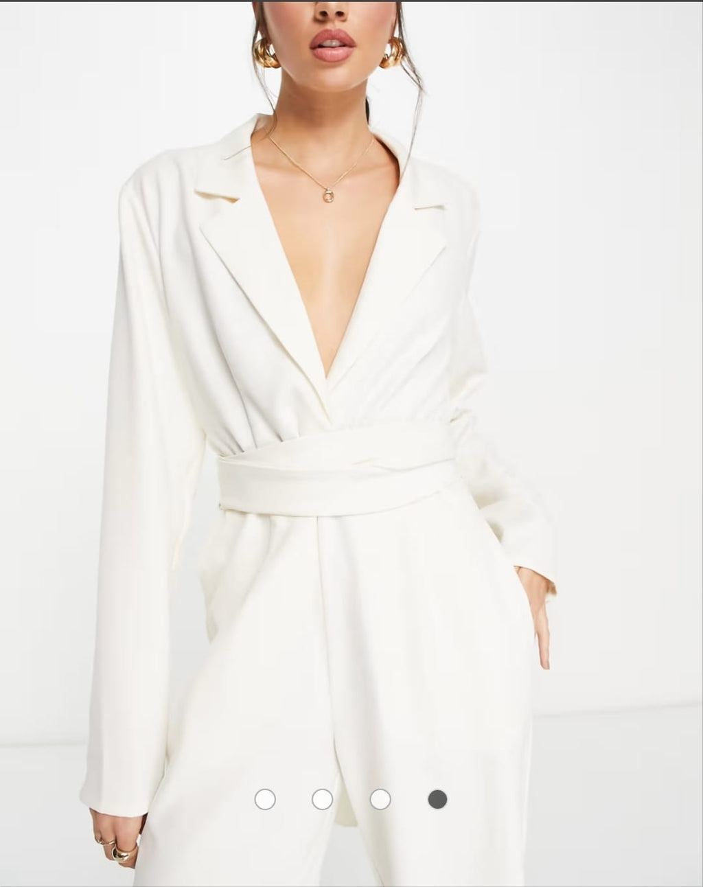 Cream Belted Blazer Jumpsuit - neckline close up detail