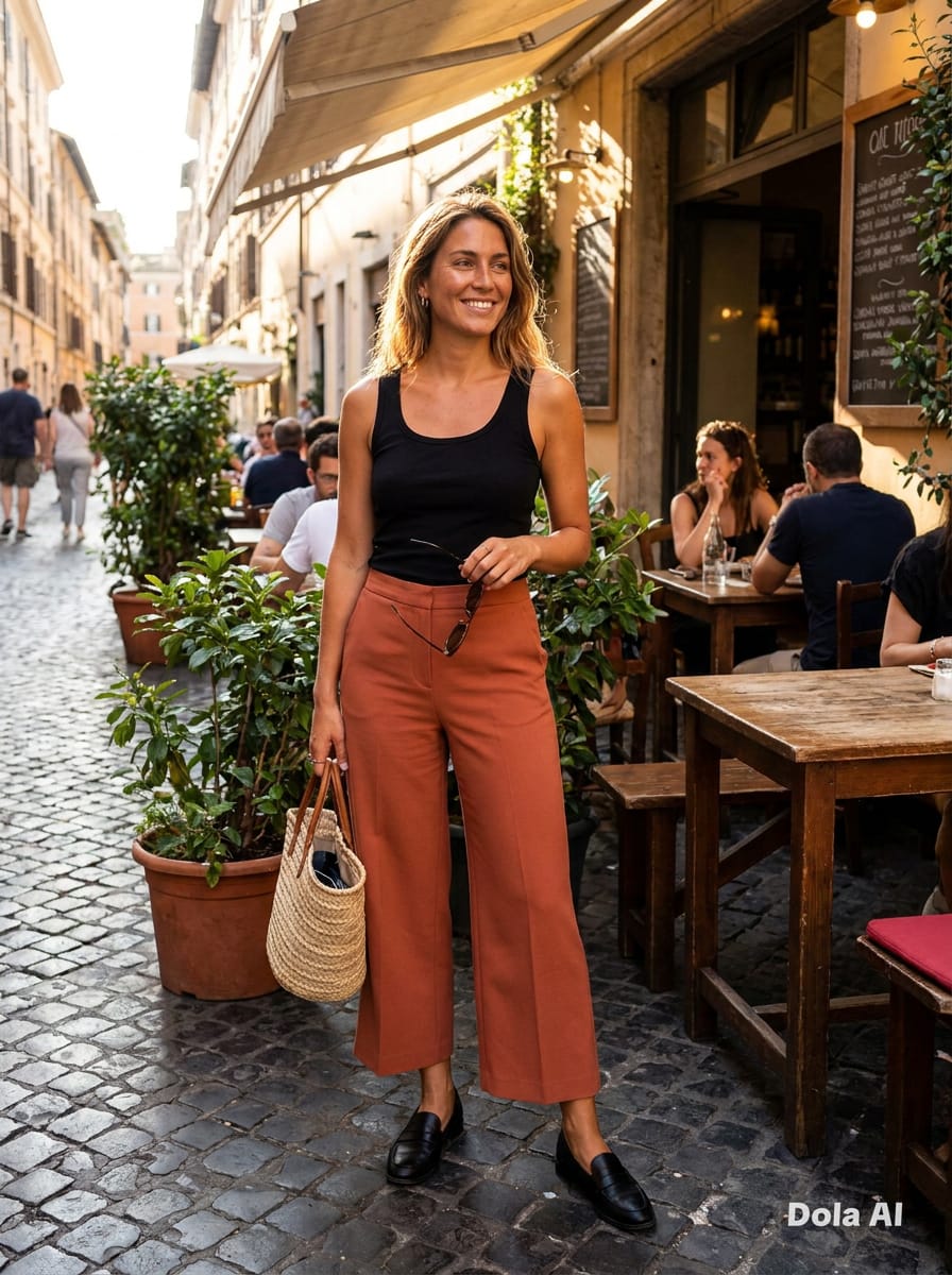 Terracotta Wide-Leg Cropped Trousers - street style with black tank