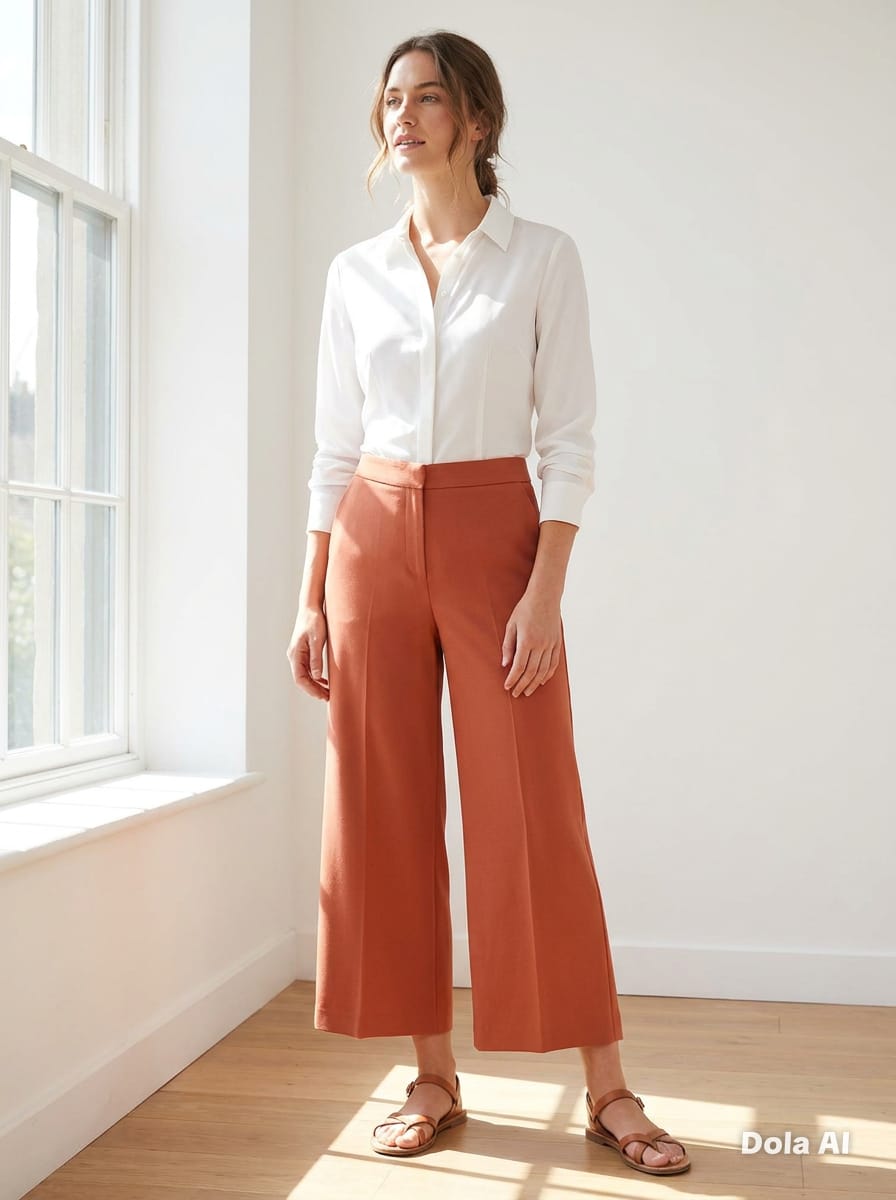 Terracotta Wide-Leg Cropped Trousers - styled with white shirt