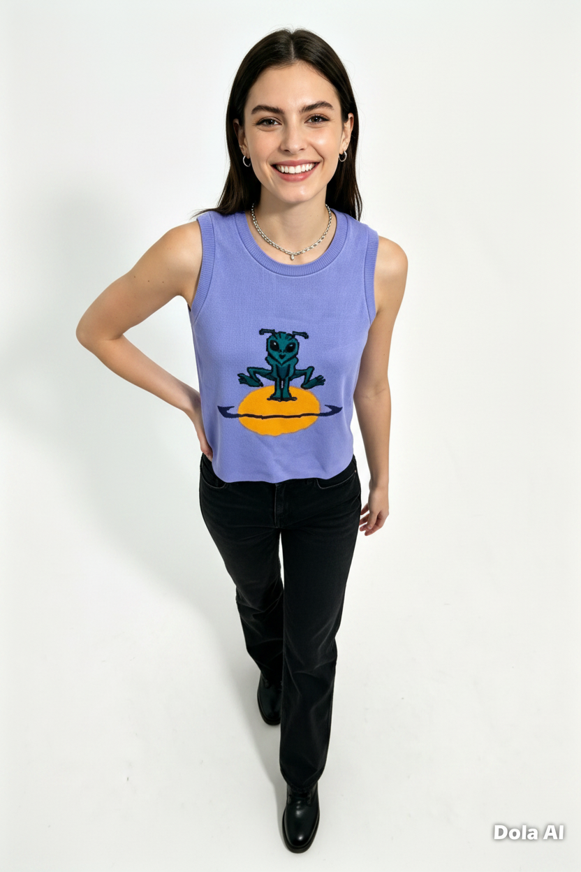 Lavender Alien Graphic Knit Tank Top - New Pose