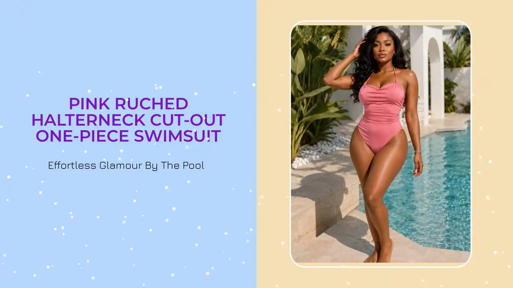 Pink Ruched Halterneck Cut-Out One-Piece Swimsuit by@Outfy