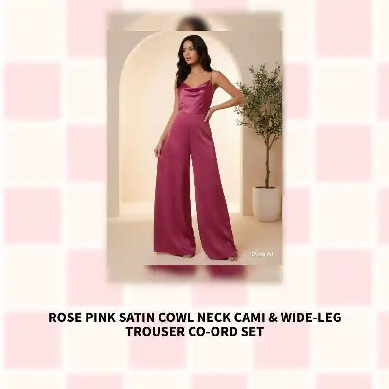 Rose Pink Satin Cowl Neck Cami & Wide-Leg Trouser Co-Ord Set by@Outfy
