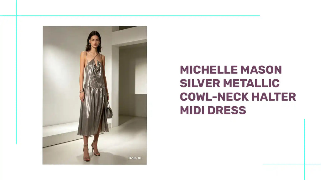 Michelle Mason Silver Metallic Cowl-Neck Halter Midi Dress by@Outfy