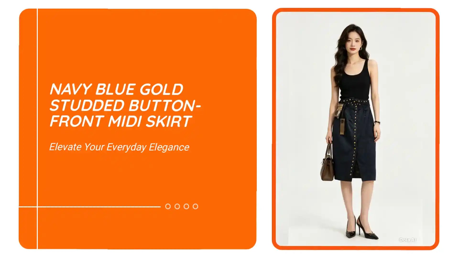 Navy Blue Gold Studded Button-Front Midi Skirt by@Outfy