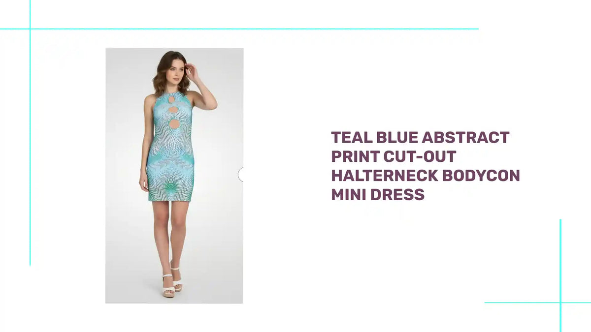 Teal Blue Abstract Print Cut-Out Halterneck Bodycon Mini Dress by@Outfy