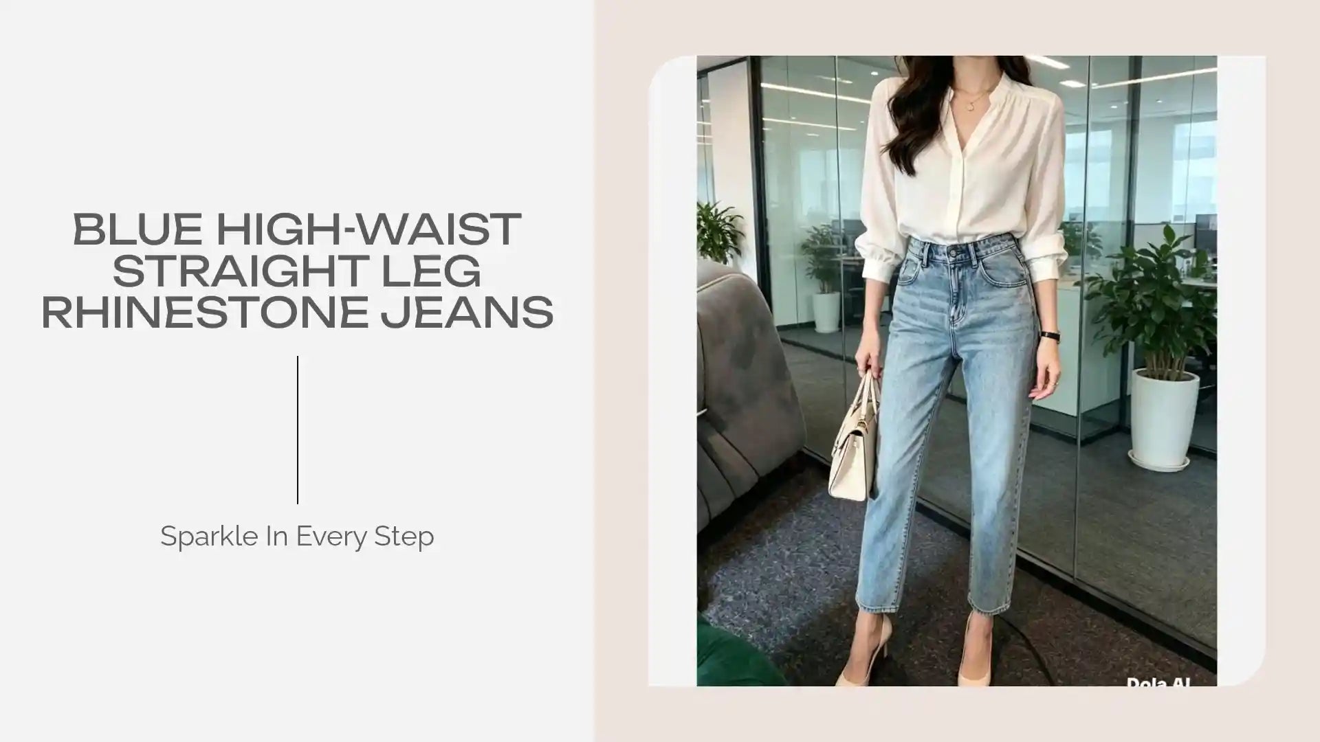 Blue High-Waist Straight Leg Rhinestone Jeans by@Outfy
