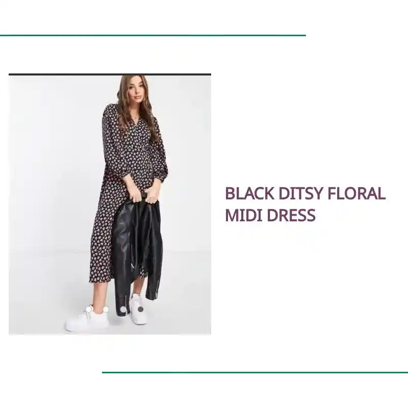 Black Ditsy Floral Midi Dress by@Outfy