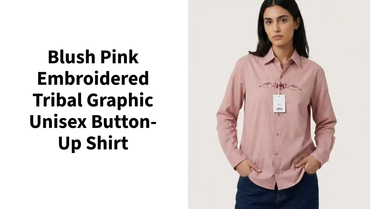 Blush Pink Embroidered Tribal Graphic Unisex Button-Up Shirt by@Outfy