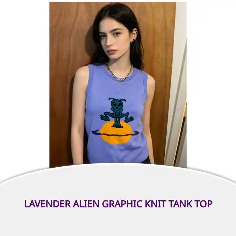 Lavender Alien Graphic Knit Tank Top by@Outfy