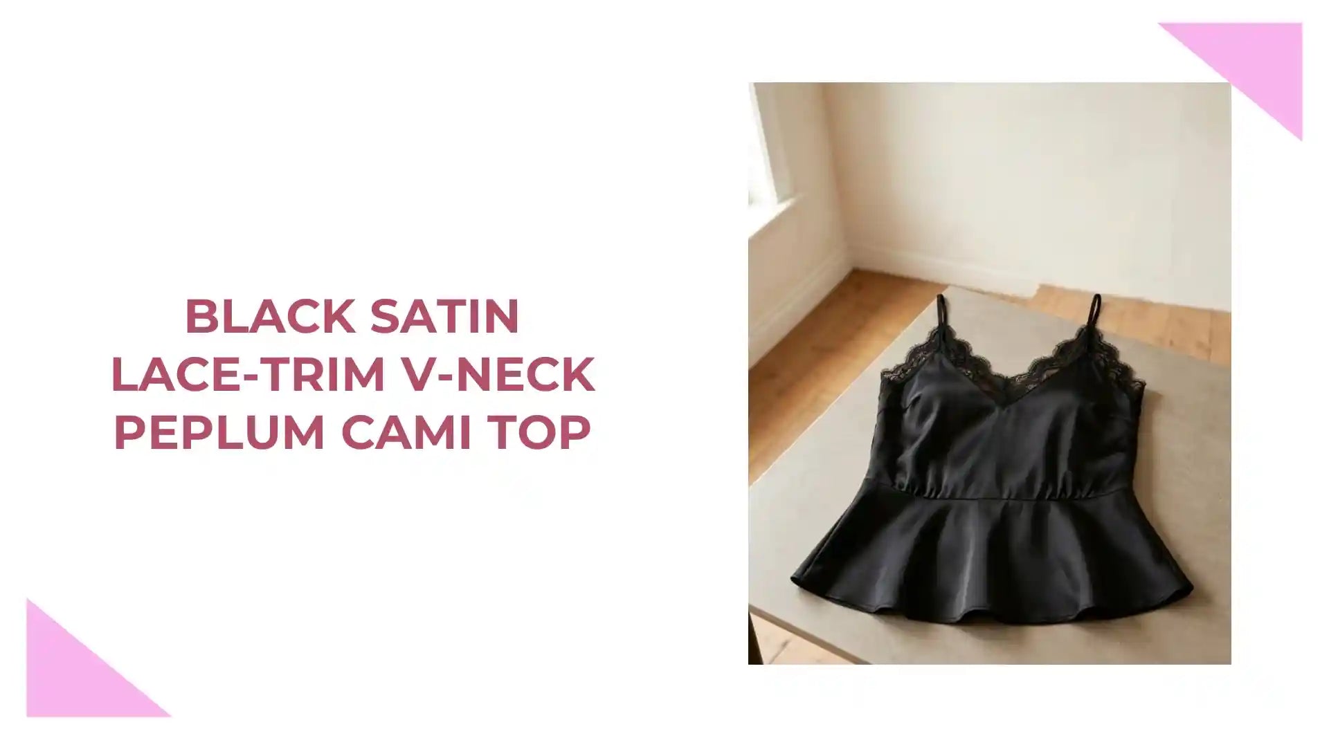 Black Satin Lace-Trim V-Neck Peplum Cami Top by@Outfy
