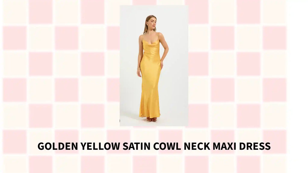 Golden Yellow Satin Cowl Neck Maxi Dress by@Outfy