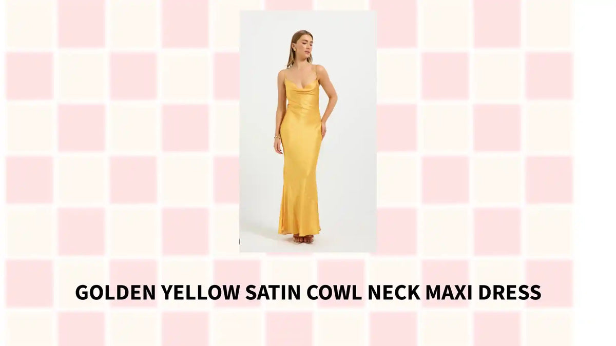 Golden Yellow Satin Cowl Neck Maxi Dress by@Outfy