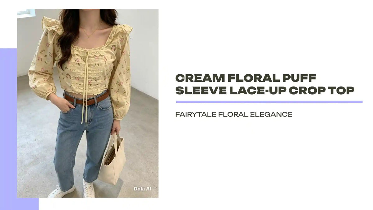 Cream Floral Puff Sleeve Lace-Up Crop Top by@Outfy