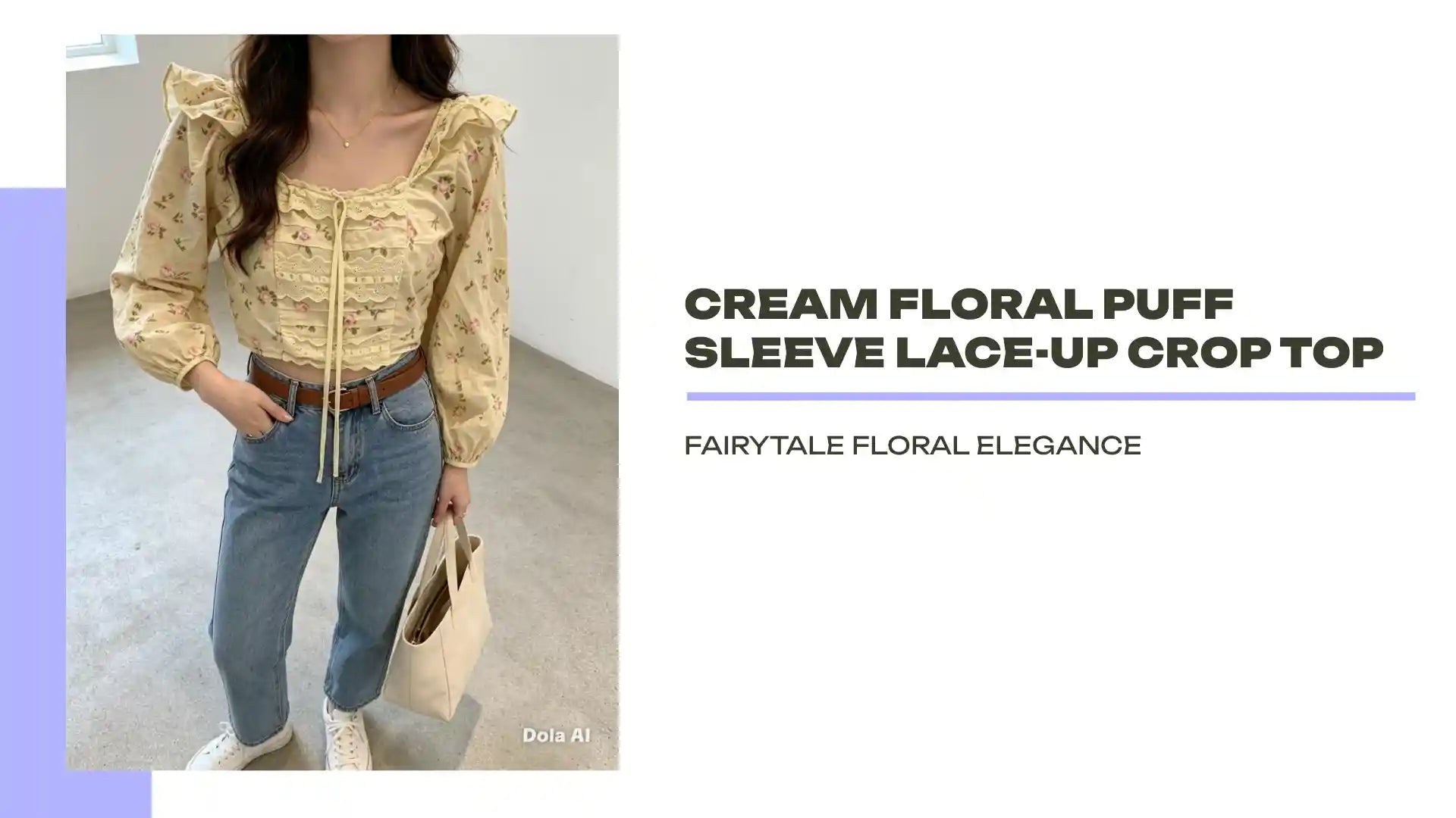 Cream Floral Puff Sleeve Lace-Up Crop Top by@Outfy