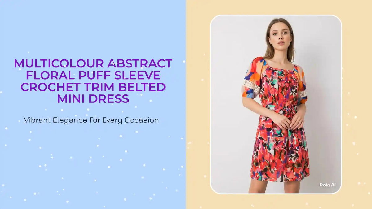 Multicolour Abstract Floral Puff Sleeve Crochet Trim Belted Mini Dress by@Outfy
