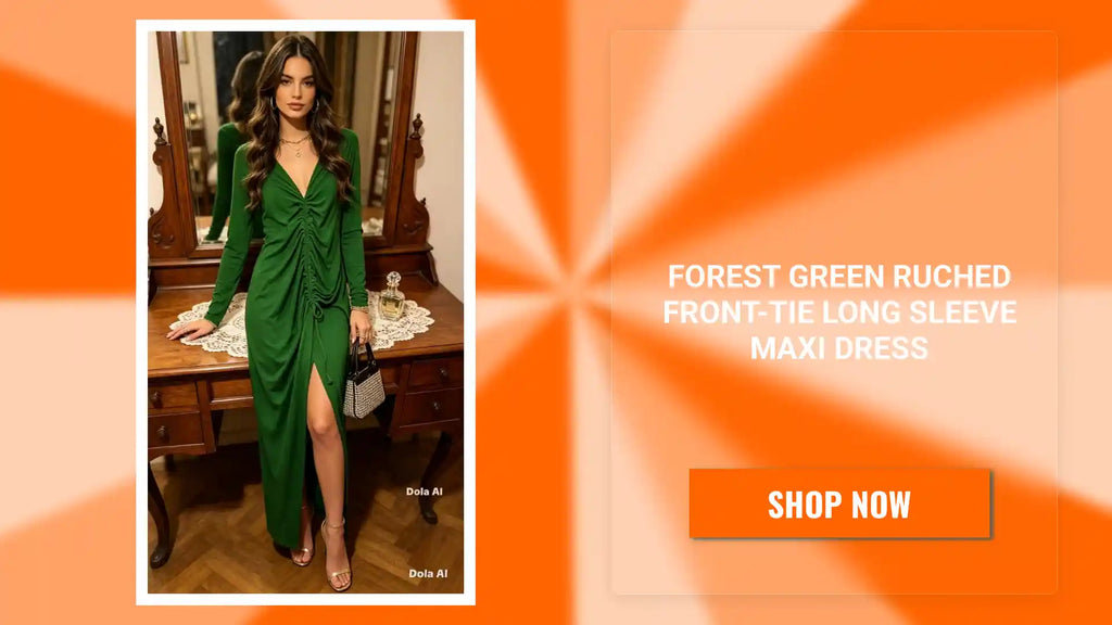 Forest Green Ruched Front-Tie Long Sleeve Maxi Dress by@Outfy