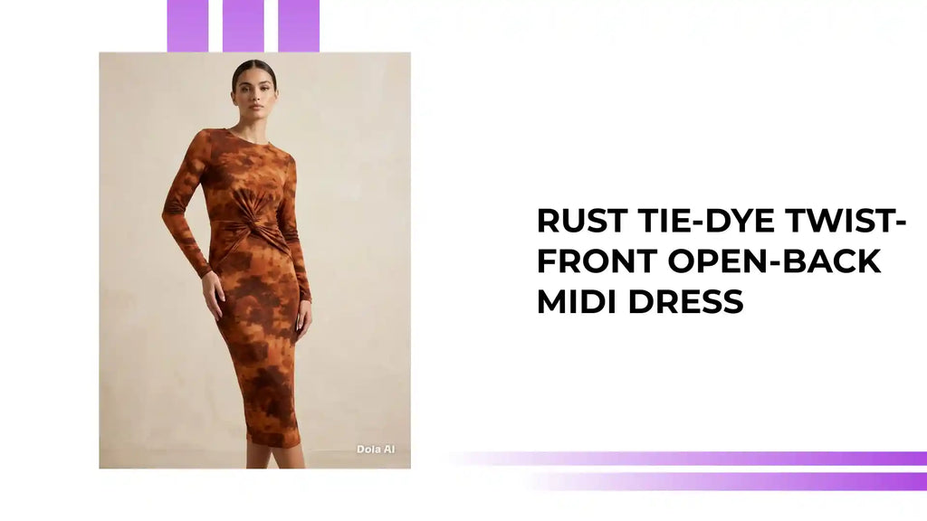 Rust Tie-Dye Twist-Front Open-Back Midi Dress by@Outfy