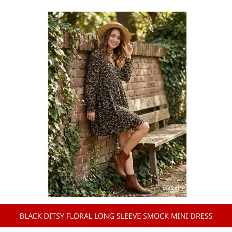 Black Ditsy Floral Long Sleeve Smock Mini Dress by@Outfy