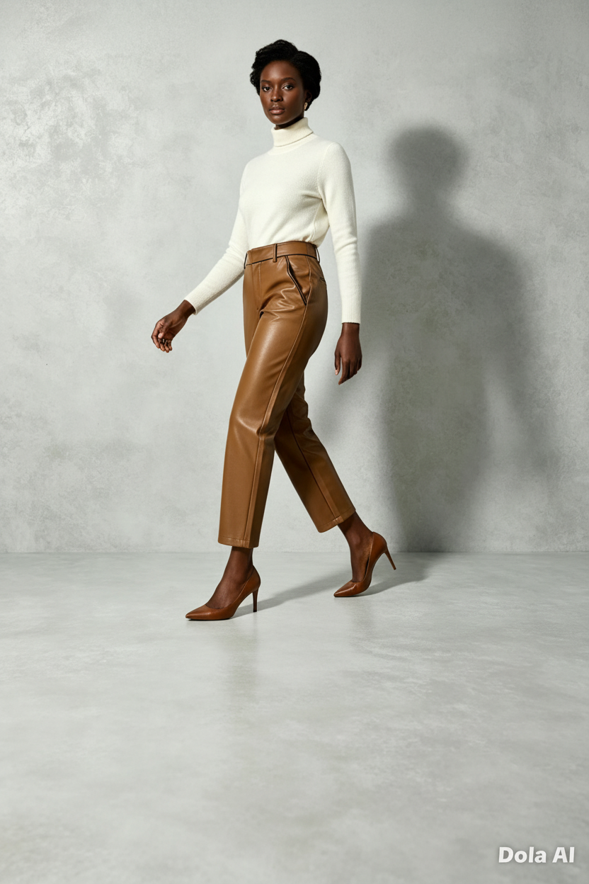 Tan Faux Leather Straight Leg Trousers - Different Model